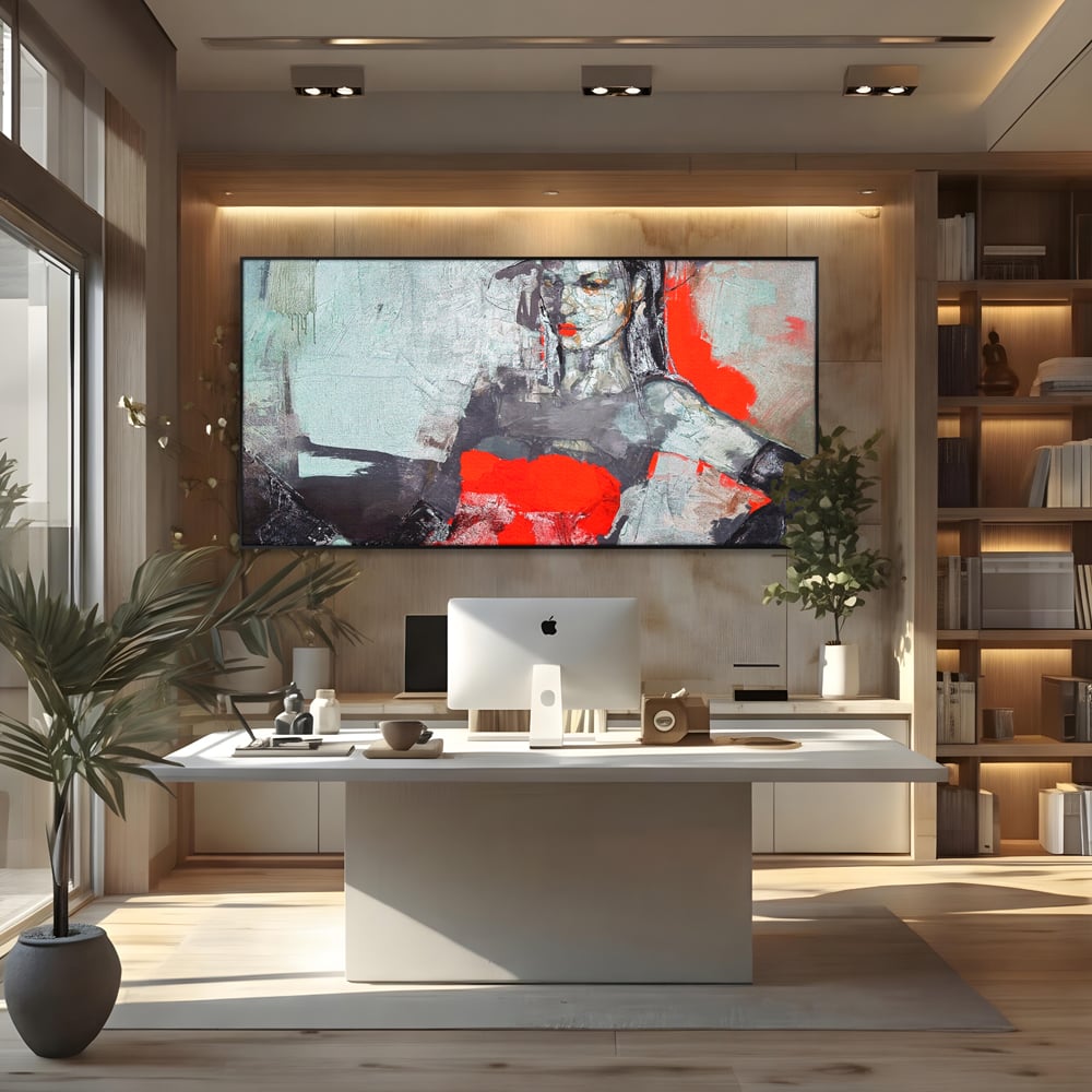 Tablou canvas cu tablou canvas cu portretul unei femei in rosu si negru, in rama de aluminiu negru, pe perete intr-un birou